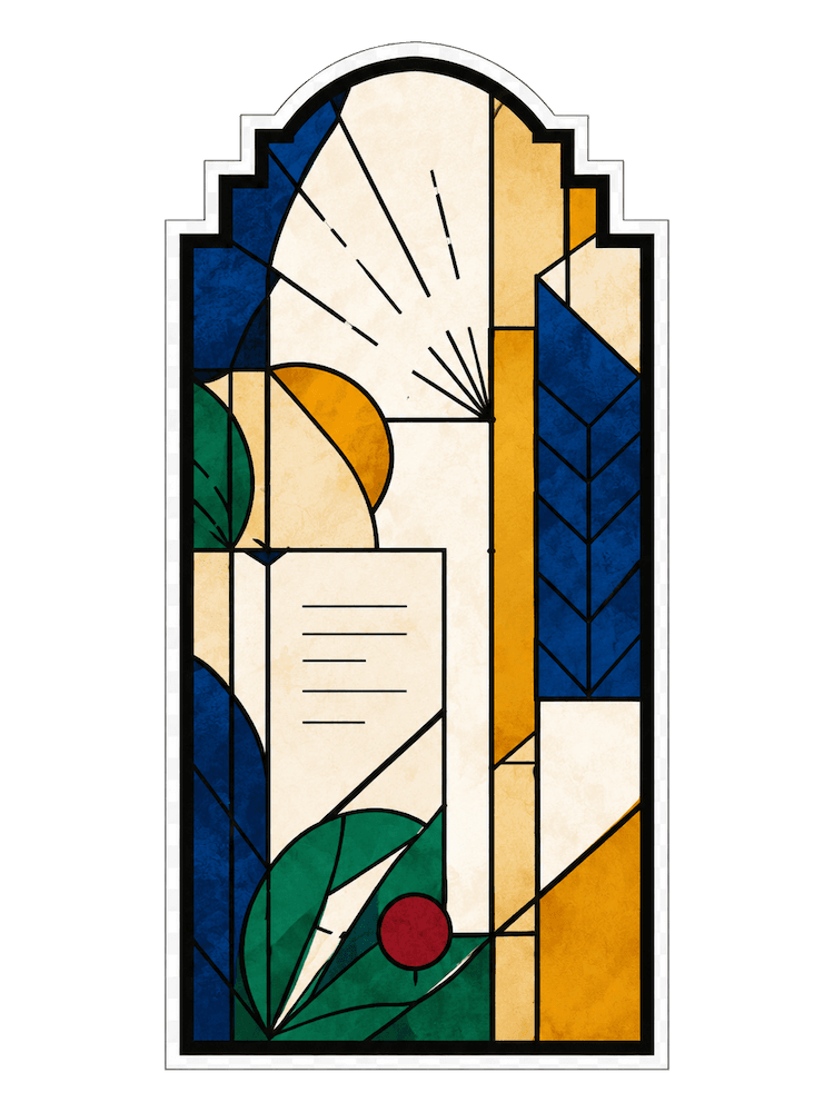 Stained-glass panel of paper, a pen nib, leaves, and a ruby mark.