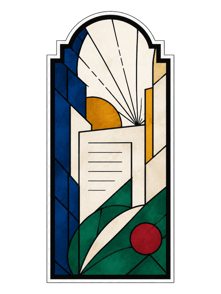 Small stained-glass panel with pages and a ruby mark.