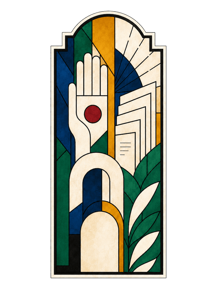 Stained-glass panel of a hand, pages, leaves, and a ruby mark.