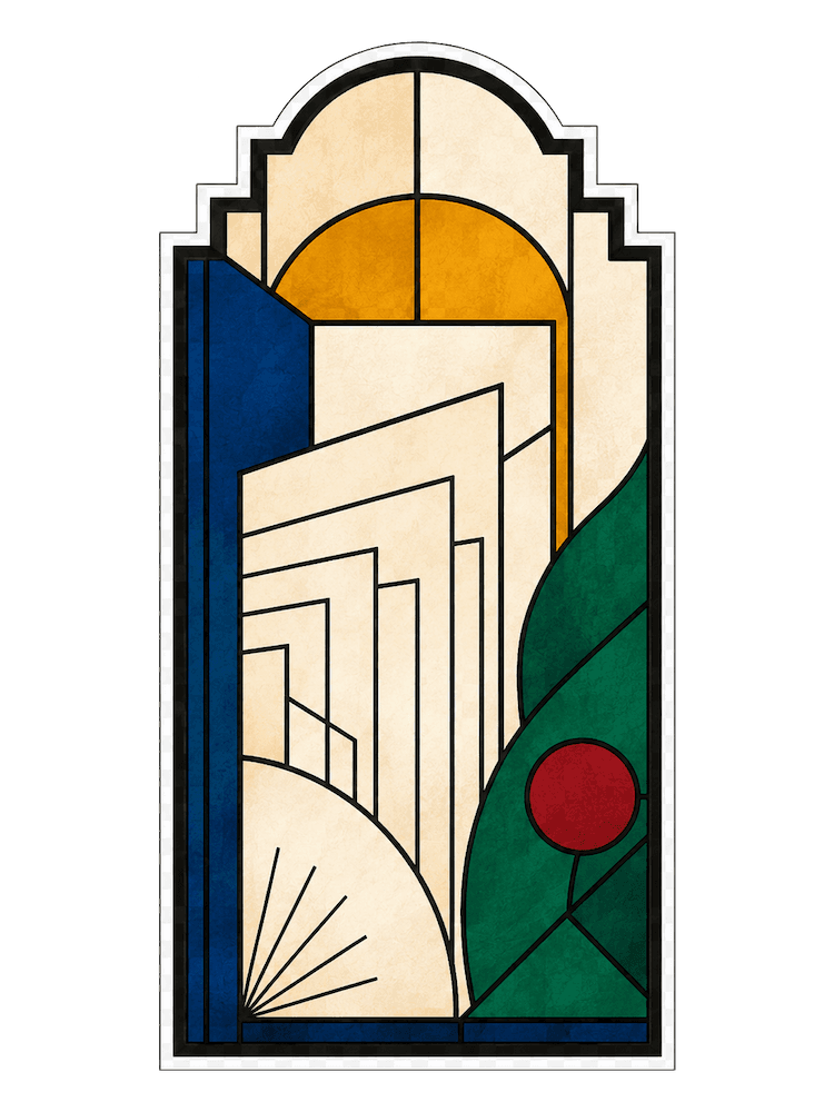 Small stained-glass panel with pages, a sun, and a ruby mark.