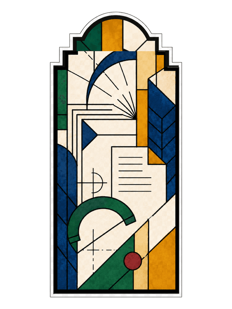 Small stained-glass panel with a raised hand, arches, and radiating lines.